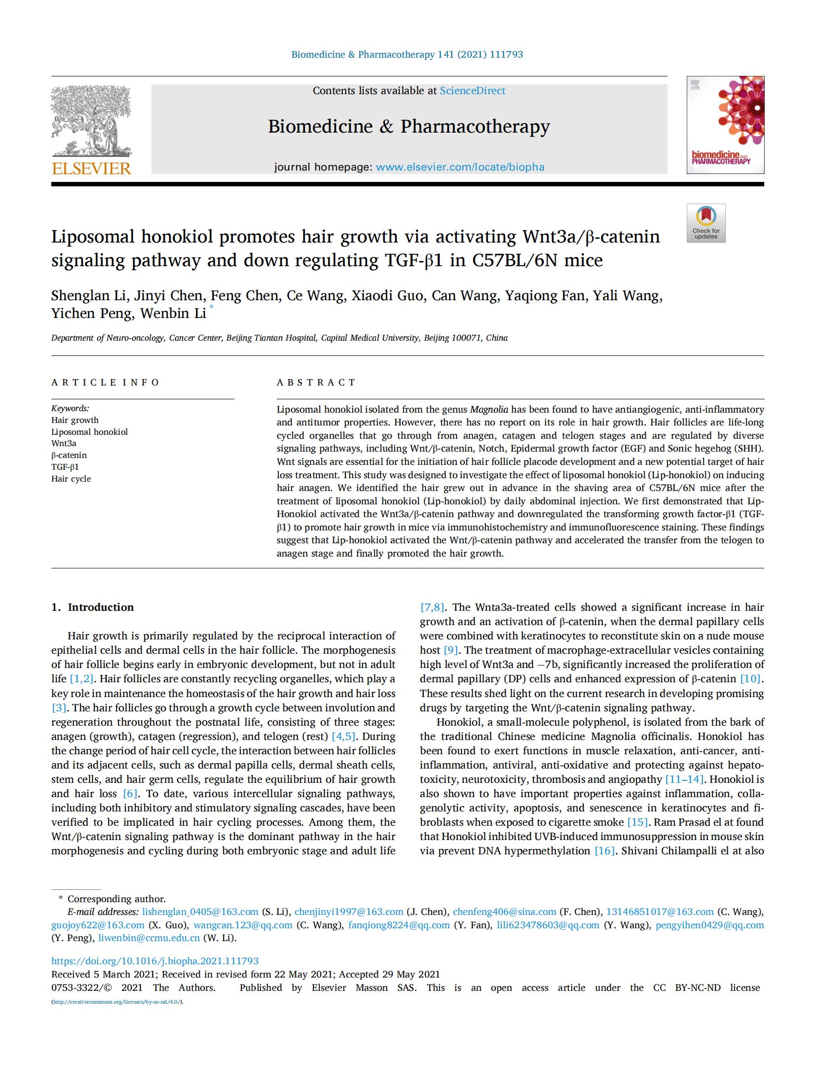 Liposomal honokiol promotes hair growth via activating Wnt3a/β-catenin  signaling pathway and down regulating TGF-β1 in C57BL/6N mice